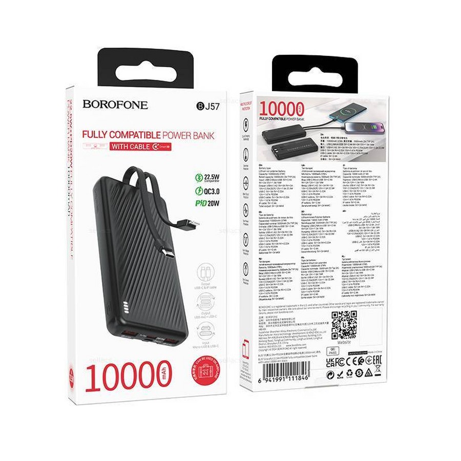 Power bank 10000mah avec cable Typec et lightning Borophone J57